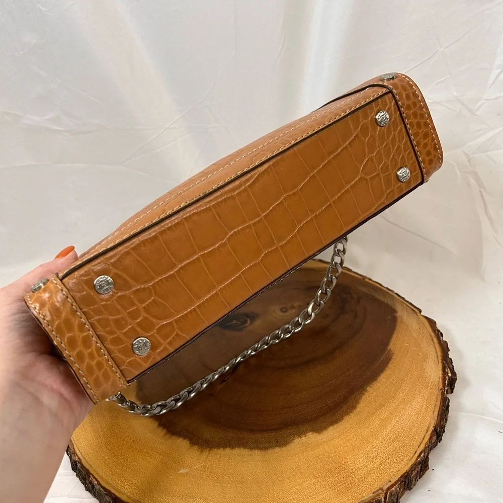 Cognac Croc-Embossed Leather Shoulder Bag with Silver Chain